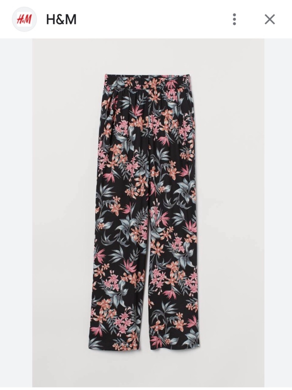 H&M Black Floral Wide-Leg Pants with Pink & Gray Blooms